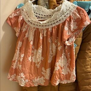 Haute Monde Coral and White Lace Blouse